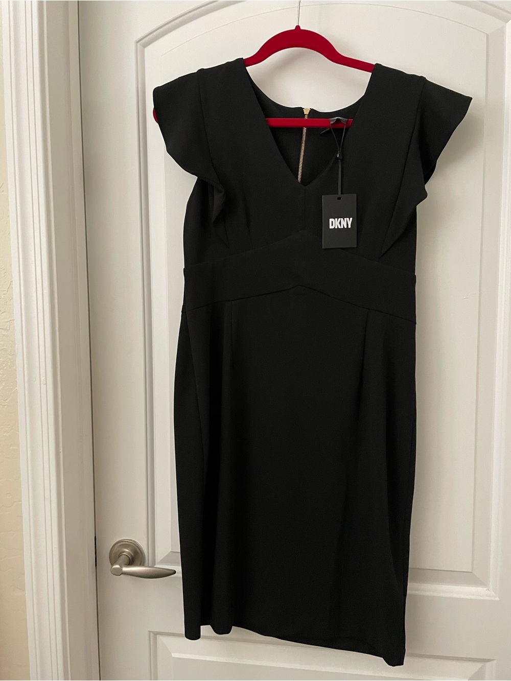 DKNY  Black V-Neck Midi Dress with Cap Sleeves